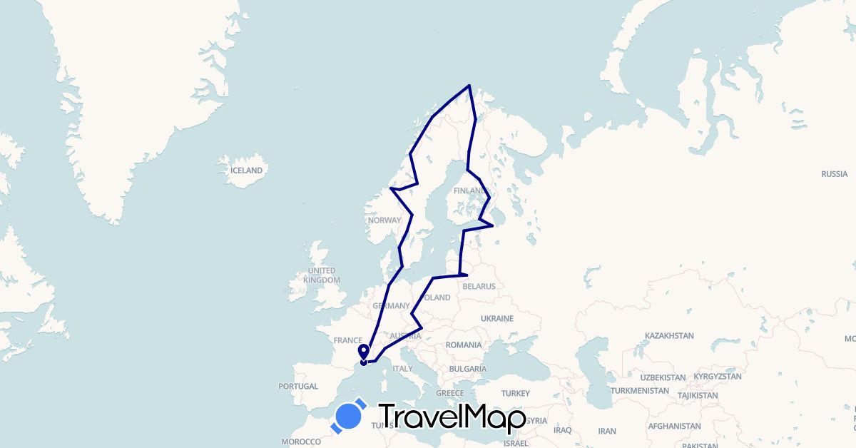 TravelMap itinerary: driving in Austria, Czech Republic, Germany, Denmark, Estonia, Finland, France, Italy, Lithuania, Latvia, Norway, Poland, Russia, Sweden (Europe)
